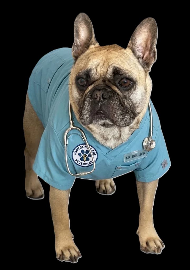 Coco standing in blue veterinary scrubs with a stethoscope round her neck